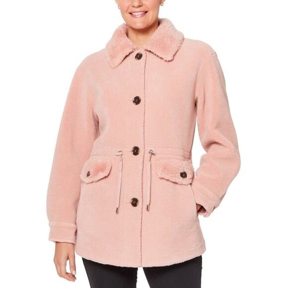 Kate Spade Faux Fur Anorak Button Front Coat Peony Women XL NWT Preppy - Picture 1 of 10